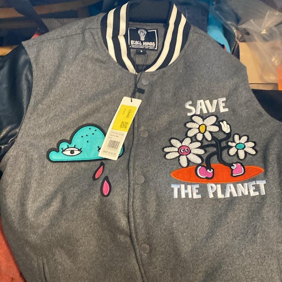 New Mens Save the Planet varsity with appliqués casual moto jacket coat - Picture 7 of 17